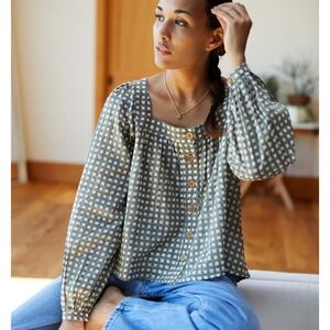 Emerson Fry India Collection Laurent Blouse In Moss Gingham Organic Cotton
